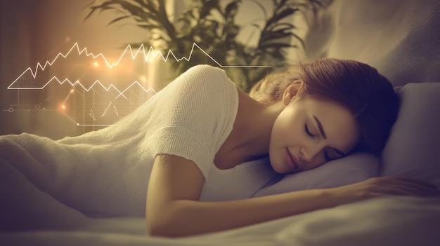 Photo peaceful scene of woman sleeping with heartbeat monitor graphic