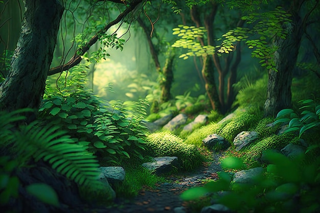 A peaceful and secluded green forest scene