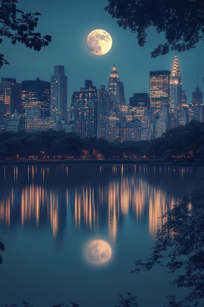 Photo peaceful serenity a city skyline reflected incalm lake underrising moon