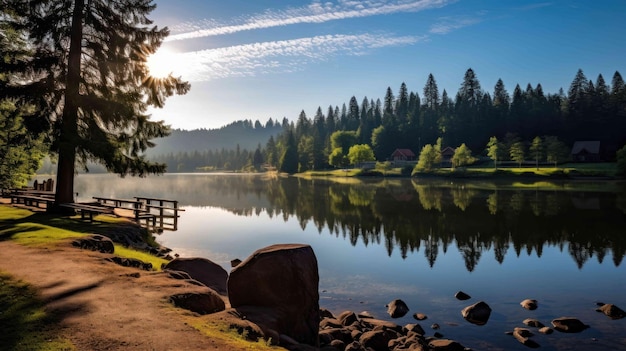 peaceful setting of a serene lake where memorial ceremonies