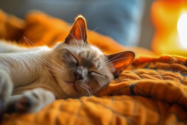 Peaceful Siamese Cat Napping in Warm Cozy Room with Sunlight Streaming Through Window on Quilted