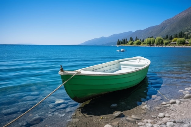 Peaceful sight of a solitary white fishing boat drifting on a calm and clear blue lake