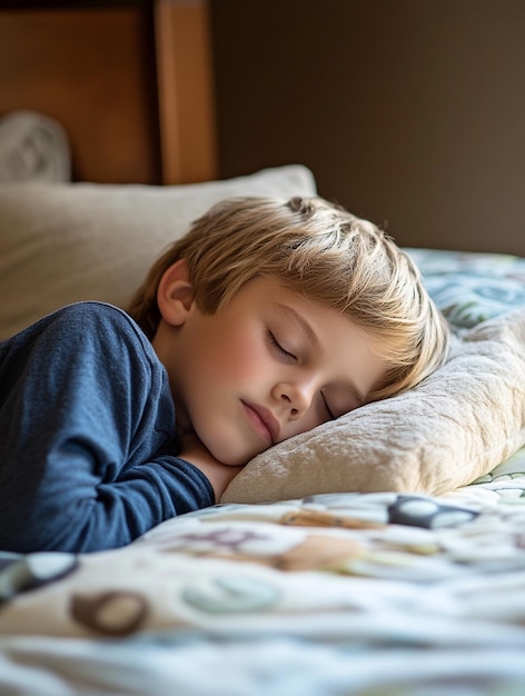 Photo peaceful sleeping child in cozy bedroom setting