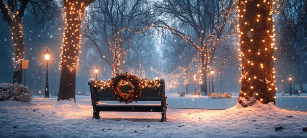 Photo a peaceful snowcovered park with a bench adorned with a festive wreath and a light dusting of snow