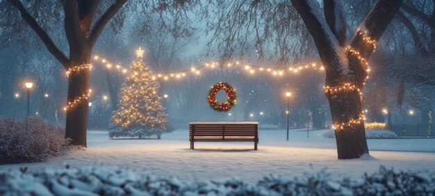 Photo a peaceful snowcovered park with a bench adorned with a festive wreath and a light dusting of snow