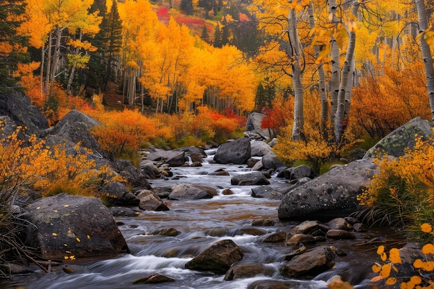 Photo a peaceful stream winds through a forest bursting with fall colors capture the vibrant colors of fall foliage in a scenic landscape