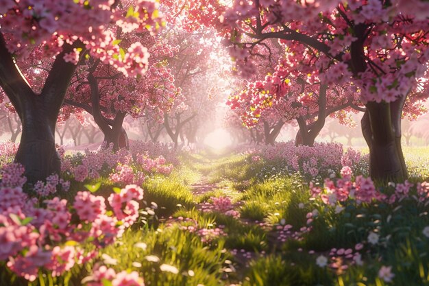 A peaceful stroll through a blooming cherry orchar