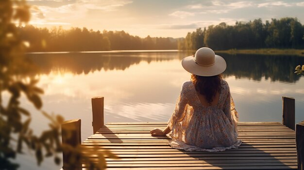 Photo peaceful summer holiday woman on dock