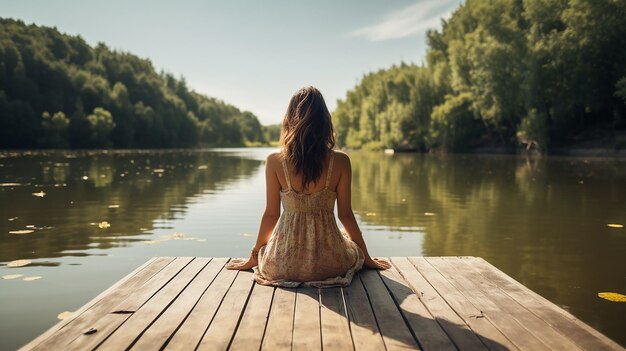 Photo peaceful summer holiday woman on dock