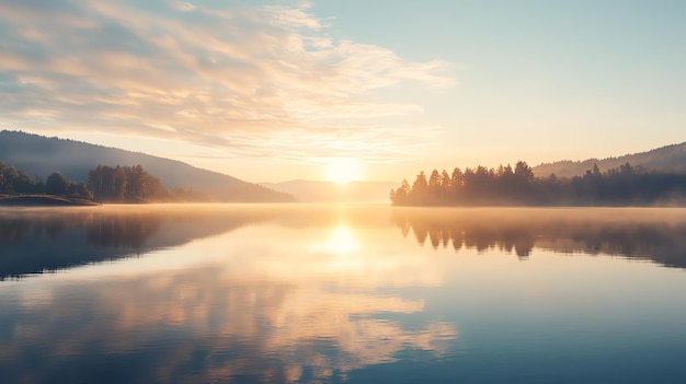 Photo a peaceful sunrise over a lake with a misty fog