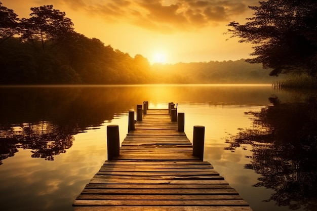 Peaceful sunrise serene lake at dawn symbolizing positive energy and tranquility stock con