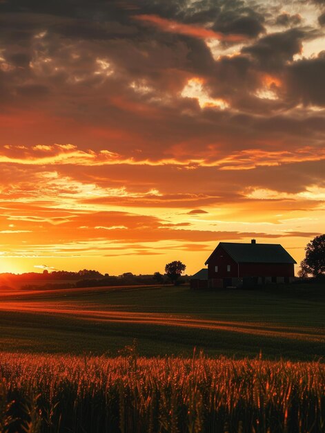 Photo a peaceful sunset illuminates the sky above a rural farmhouse evoking a sense of tranquility and warmth generative ai