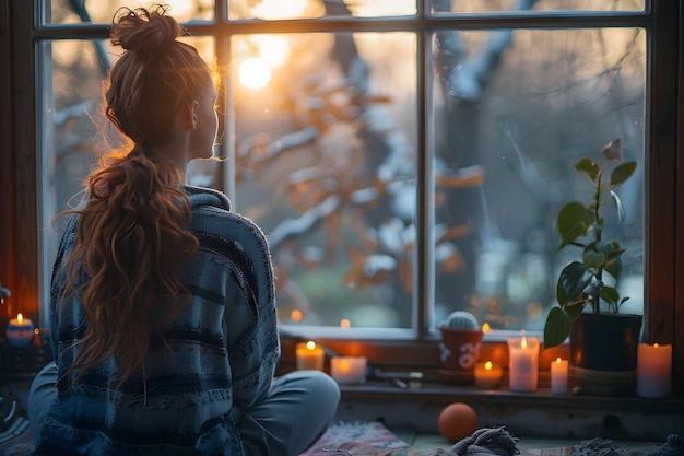 Photo peaceful sunset reflection woman enjoying cozy indoor ambiance