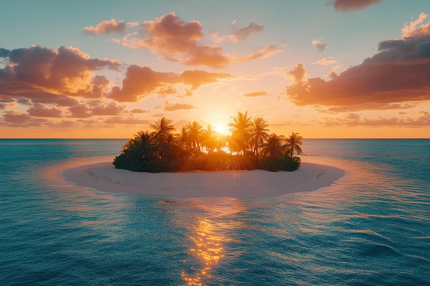 Photo a peaceful tropical island with white sandy beaches clear blue waters and a vibrant sunset