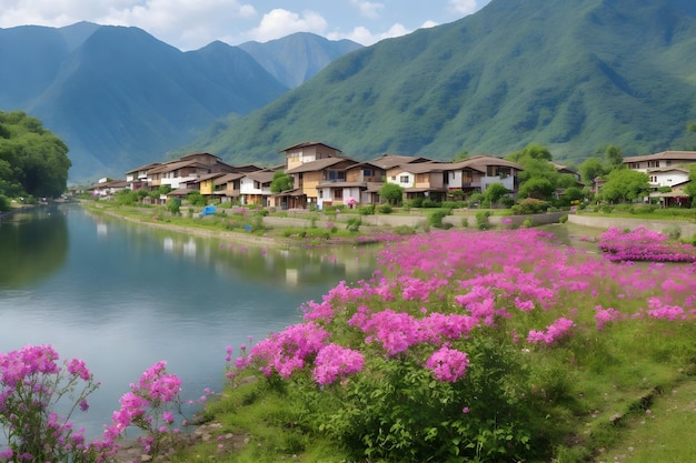 A peaceful village with a flourishing flower farm overlooking a tranquil river generated by Ai