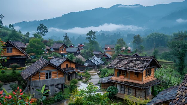 A peaceful village with traditional houses and a clear sky