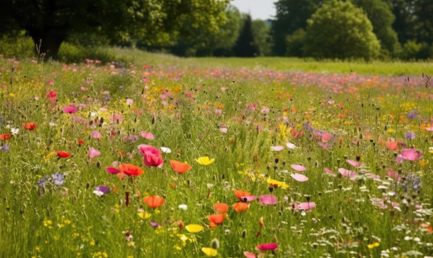 A peaceful walk through a spring meadow of flowers Creating using generative AI tools