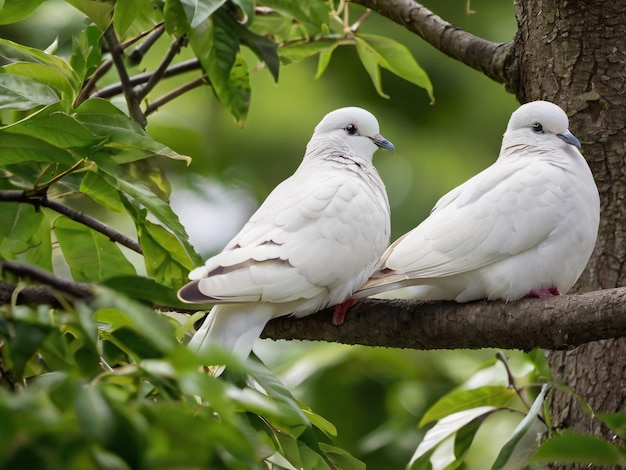 Photo peaceful white doves resting on a tree branch