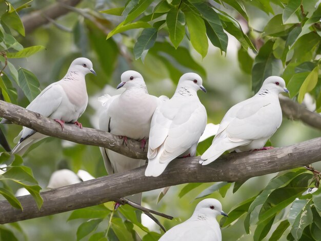 Peaceful white doves resting on a tree branch