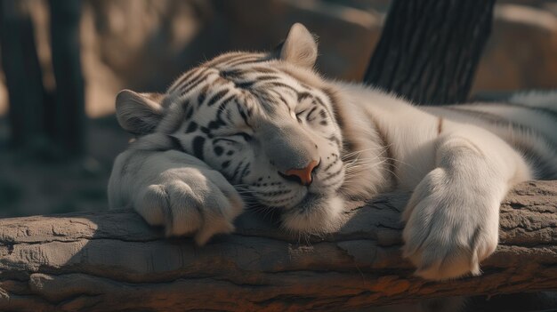 Peaceful white tiger sleeping on a log in sunlight