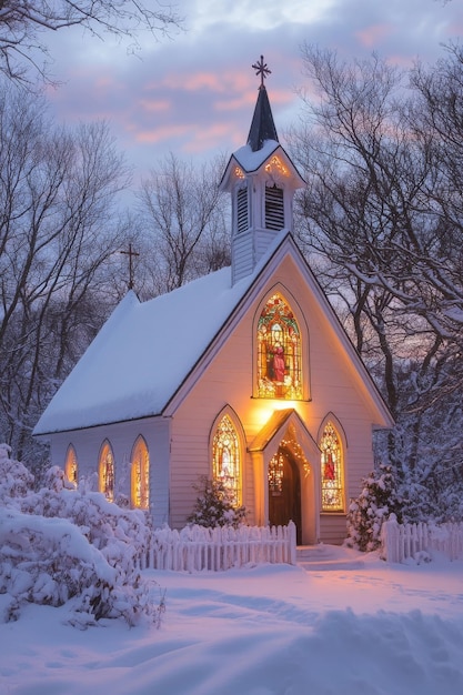 Photo peaceful winter church radiating warmth and faith through colorful stained glass