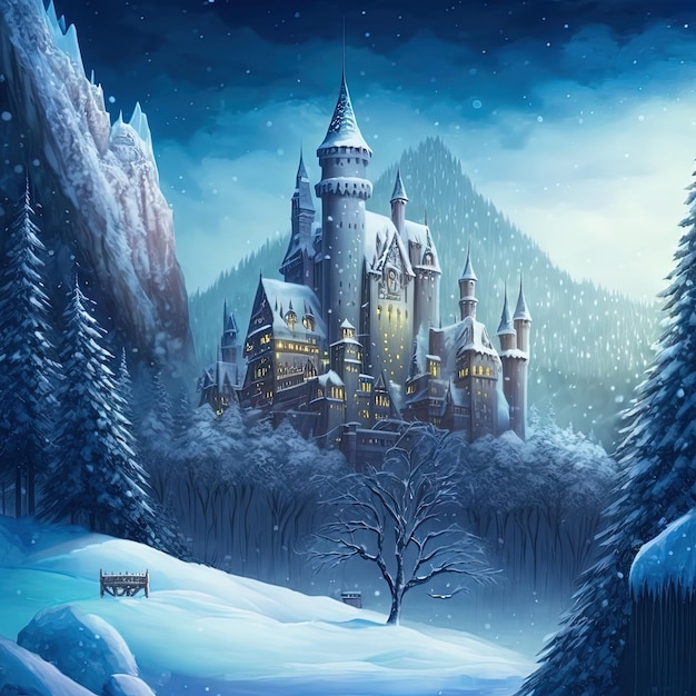 Peaceful winter landscape with frozen ice and a beautiful castle winter wonderland concept