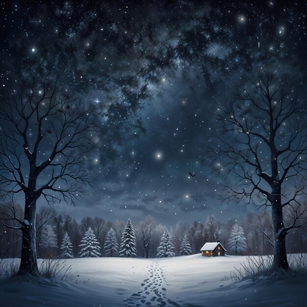 Photo a peaceful winter night landscape with a small cabin under a starry sky