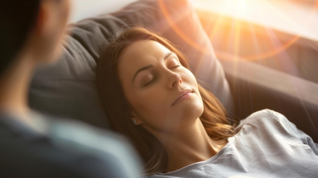 Photo a peaceful woman napping on a couch with soft sunlight streaming in creating a serene and comforting atmosphere in the living room