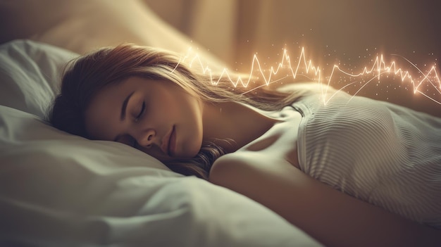 Photo peaceful woman sleeping with a heartbeat monitor graphic illustrating health data and tranquility