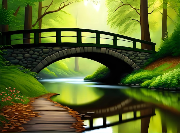 Photo peaceful woodland scene with bridge and trees