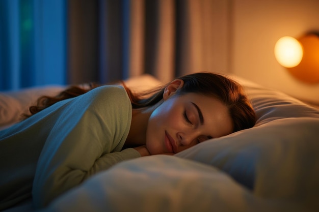 A peaceful young woman sleeps soundly in a cozy bedroom Soft lighting creates a warm atmosphere The scene captures tranquility and comfort Generative AI