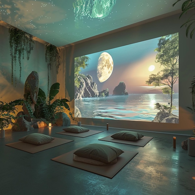 Photo peaceful zen space hightech meditation room holographic nature and ambient atmosphere