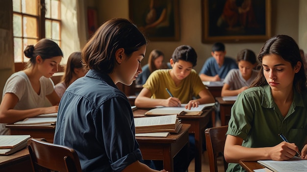 Peacefully Focused Student in a Bustling Study Group