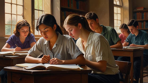 Peacefully Focused Student in a Bustling Study Group