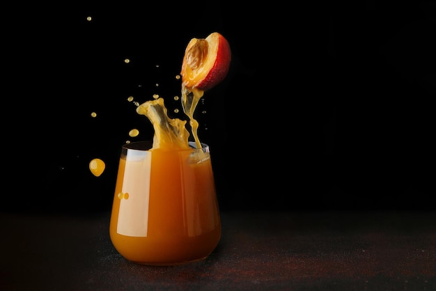 Peach or apricot juice pouring in glass. half of fruit levitation. splash of juice into glass. juice concept on dark background.