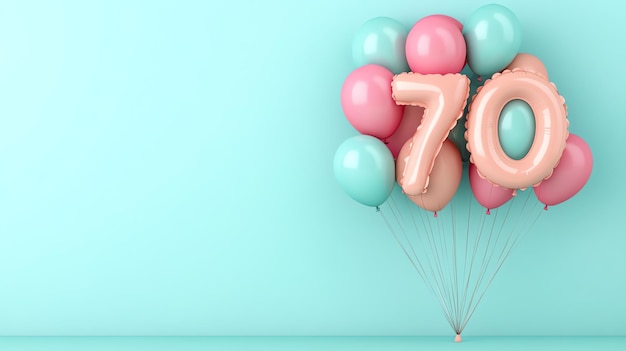 Photo peach and aqua balloons forming the number 70 on a blue background