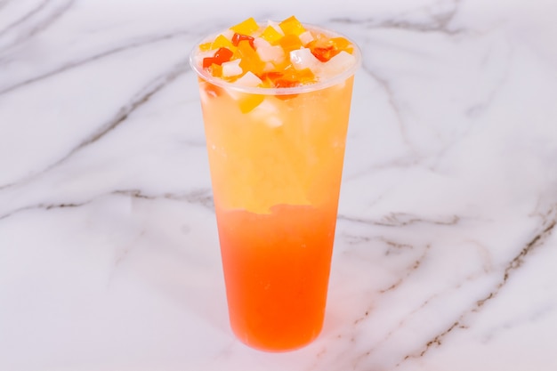 Peach boba drink