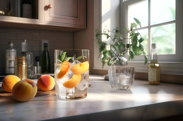 Peach cocktail with ice on the kitchen table 2