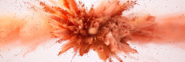 A peach fuzz cloud Pink powder explosion on white background Abstract background of pink splashes of powder Horizontal banner Spectacular peach color powder burst