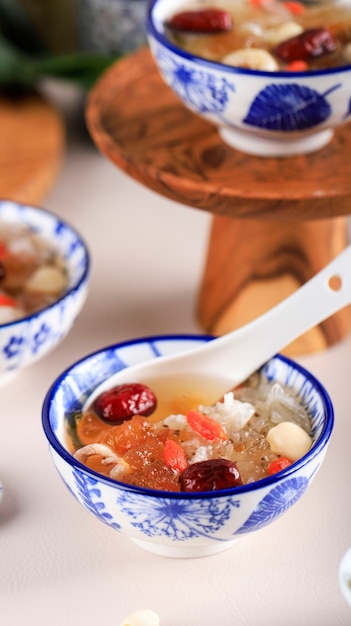 Peach Gum Triple Collagen Dessert (Tao Jiao), Chinese Traditional Refreshment Beverages Contains Peach Gum, Bird Nest, Red Dates, Snow Fungus, Goji Berry, and Rock Sugar.