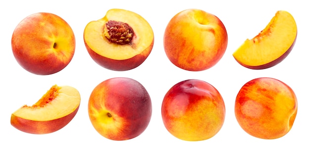 Peach isolated on white background, collection of ripe whole and sliced peaches with clipping path