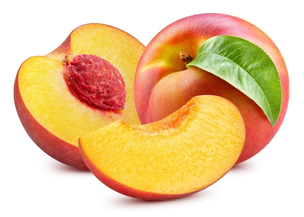 Peach isolated on white background. Peach fruit clipping path. Peach half macro studio photo