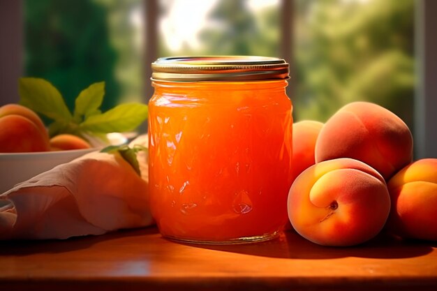 Peach jam in a jar Jam in a jar for the winter AI generated