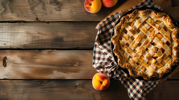 Peach pie on rustic wooden background Generative AI illustrations