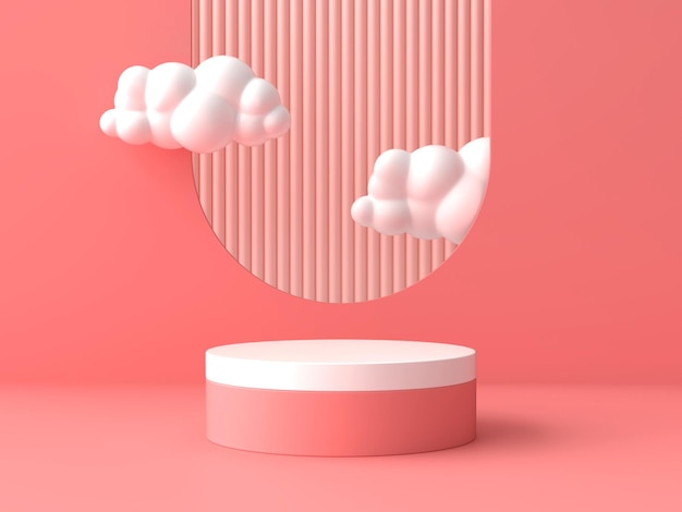 Peach Pink Background There is a stage for placing products in the middle and there are white clouds above 3D scene