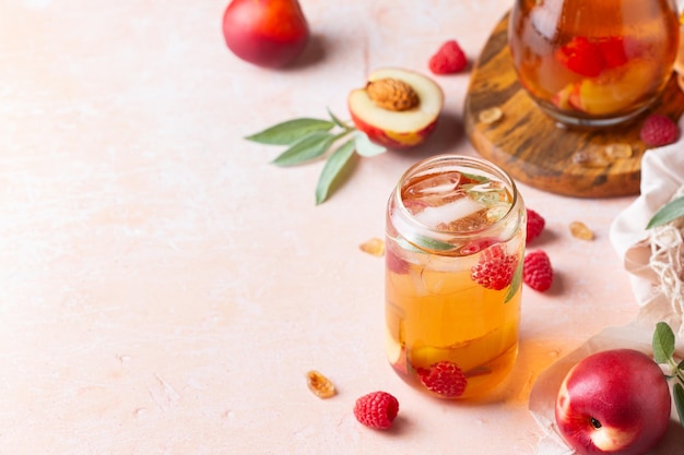 Peach raspberry iced tea summer refreshing drink beverage cocktail