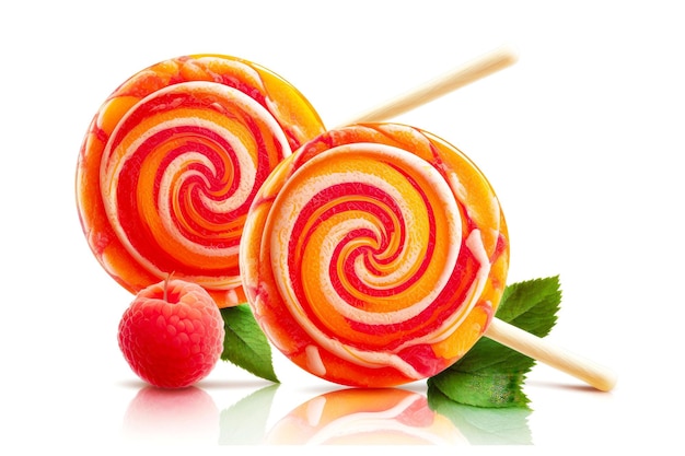 Peach raspberry sweet lollipops on white background