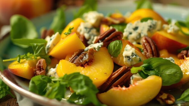 Photo peach salad featuring blue cheese and pecans