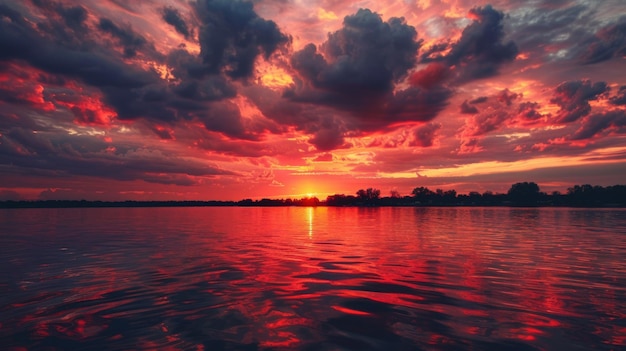 Peach Sunset Colorful Sky Over Lake at Down in Summer Evening