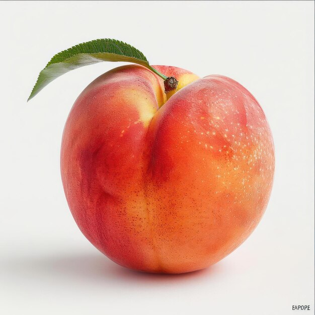 A peach in a white background It has a red color and a green leaf attached to it